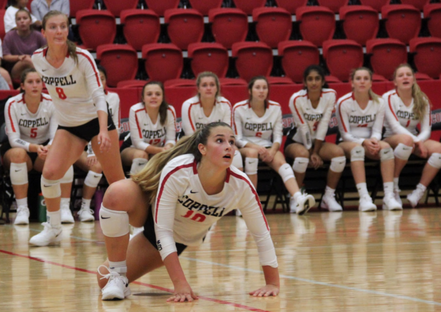 Coppell senior setter Kinsey Bailey rises after diving against Arlington Martin on Aug. 27 at the CHS Arena. Bailey was diagnosed with inappropriate sinus tachycardia (IST) three years ago, a heart condition that occurs when the heart beats very quickly without reason.