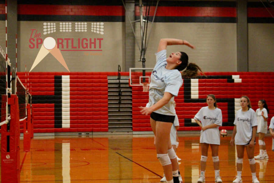 Coppell sophomore middle blocker and right side hitter Aley Clent practices spiking in the CHS large gym on Sept. 18. Clent is a second-generation American and plays for the JV volleyball team. 