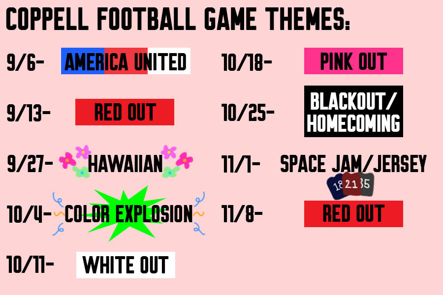 The Coppell football games will have themes for each game this season. This idea was implemented in hopes to raise school spirit and draw a higher attendance for football games. 