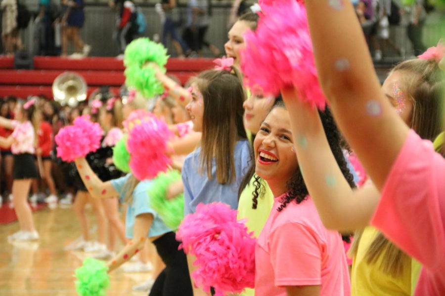 Coppell High School Lariettes dance to the rhythm of the band at the start of the pep rally in the CHS Arena on Friday. The pep rally was the second of the year, which included a performance by senior Langston Gardner singing”Shoreside” from his album Mystic Trail.
