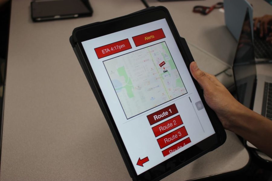 Coppell+High+School+senior+Ridha+Syed+shows+her+iPad+app+prototype+in+her+eighth+period+Practicum+and+STEM+class.+Syed+made+a+prototype+that+tracks+bus+routes%2C+indicates+when+a+bus+is+late+and+sends+alerts+to+the+user.