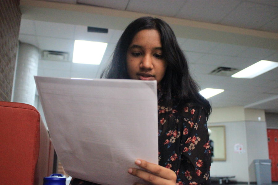 Coppell High School junior Keertana Narayanan practices her Spanish during language teacher Michael Egan’s second period AP Spanish IV class on Thursday. Narayanan practices speaking an article in Spanish for a grade.