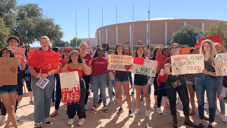 The crowd chants against taxation on menstruation products outside of Dallas City Hall. The rally took place on Oct. 19 from 2-4 p.m.
