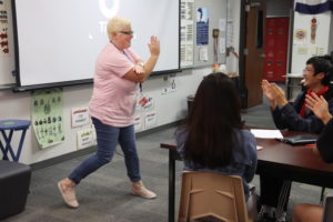 Coppell High School IB Spanish teacher Emily McCoy engages students by teaching them one of the dances from the popular social media video app, TikTok. This is McCoy’s 15th year teaching Spanish and 10th year teaching at CHS.