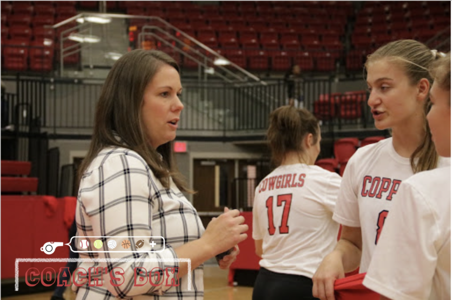 Coppell volleyball assistant coach Holland Smith talks with sophomore outside hitter and right side hitter Haley Holz and defensive specialist Beca Centeno after the District 6-6A volleyball match against Irving on Friday in the CHS Arena. Smith has been coaching volleyball in Coppell for three years.