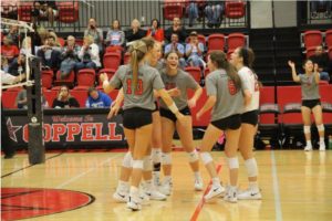 The Coppell volleyball team celebrate its victory in the CHS Arena on Friday. Coppell defeated Lewisville, 3-0.
