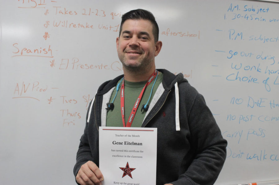 Coppell High School Personal and Academic Growth (PAG) facilitator Gene Eitelman receives the October Teacher of the Month award for his efforts to work with students who are in need of help with their personal and academic lives. Eitelman attempts  to connect with his students by creating bonds in his classroom, an environment many students have considered a safe space.