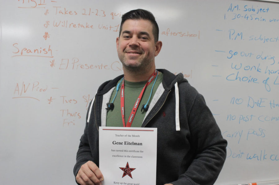 Coppell+High+School+Personal+and+Academic+Growth+%28PAG%29+facilitator+Gene+Eitelman+receives+the+October+Teacher+of+the+Month+award+for+his+efforts+to+work+with+students+who+are+in+need+of+help+with+their+personal+and+academic+lives.+Eitelman+attempts++to+connect+with+his+students+by+creating+bonds+in+his+classroom%2C+an+environment+many+students+have+considered+a+safe+space.