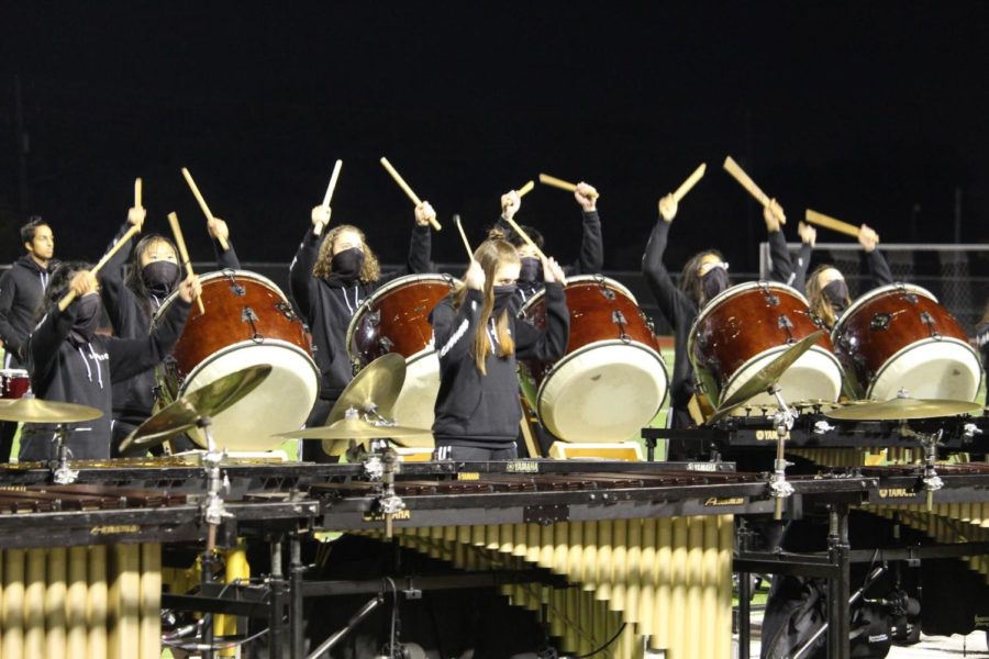 Coppell High School’s front ensemble playing during the Lone Star Drumline Competition on Saturday at Marauder Stadium in Flower Mound. The front ensemble are getting ready to strike a beat in their competition routine. 