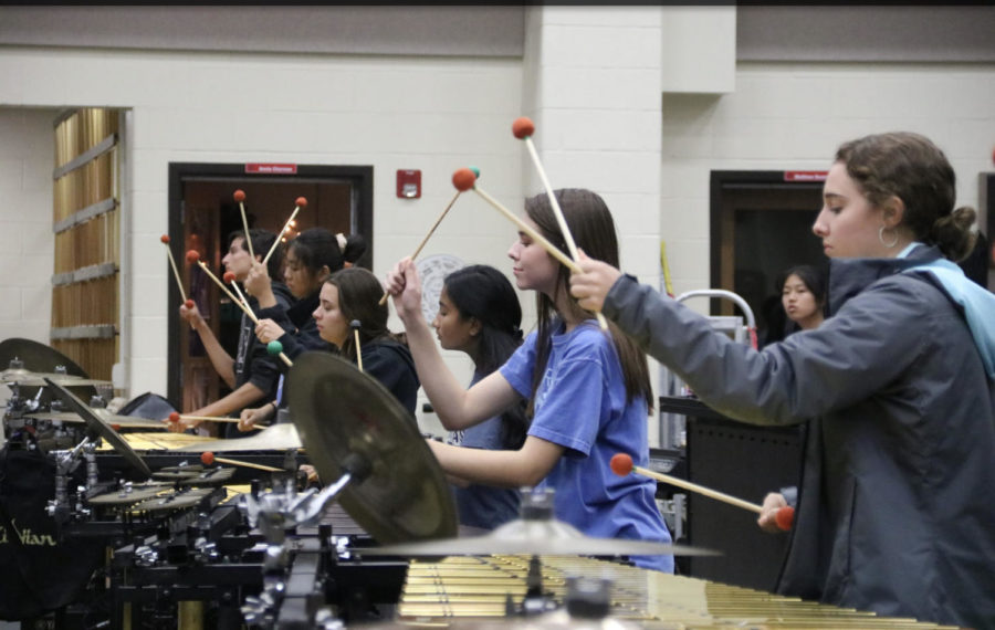 The Coppell High School Drumline team practices marching after school on Nov. 7 in the band room. This Saturday, the team will compete in the Lewisville Drumline Contest 10th annual invitation at Lewisville High School at 2:30 p.m. and the Lone Star Drumline Classic Invitational at Marcus High School at 9 p.m.