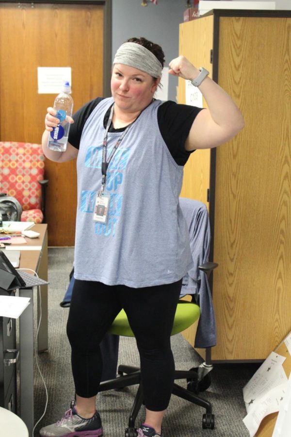Coppell High School Health Occupation Students of America (HOSA) teacher Suzanne Paylor dresses in workout attire on Monday. This week, HOSA has themes for each day to raise awareness for students’ health.