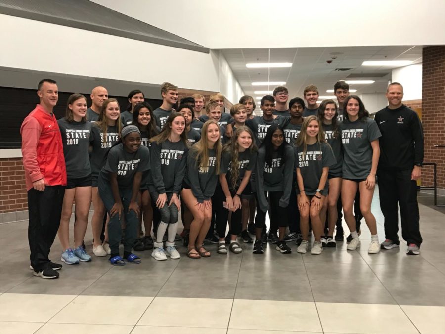 The Coppell cross country team poses for a picture this morning at their send off to the state meet. The girls begin their race on Saturday in Round Rock at 2:30 p.m. and the boys begin theirs at 3:15 p.m. 