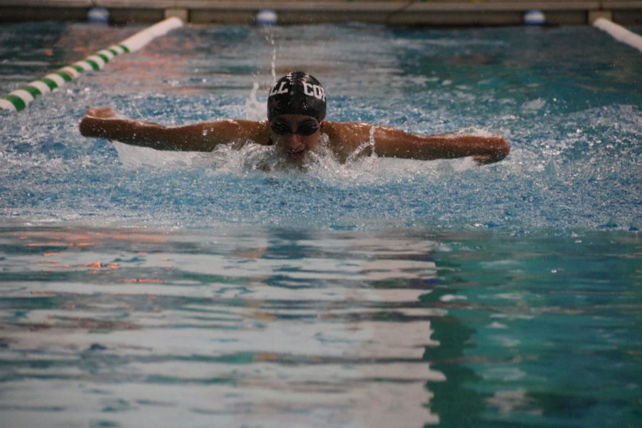 Coppell sophomore swimmer Krithi Meduri competes in the Dragon Hunt Invitational at the Carroll Natatorium in Southlake on Oct. 17. The Vaquero Battle meet will be held tomorrow at 4:30 p.m. in the Coppell YMCA. Photo by Tracy Tran.
