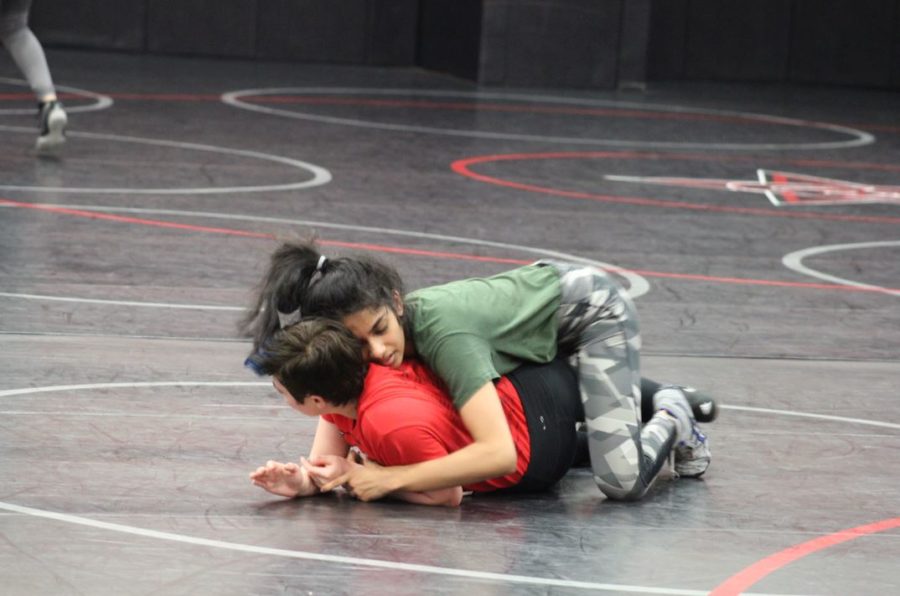 Coppell junior Ananya Sampathkumar wrestles senior Trinity Zapata in a practice match in January last season. Coppell is hosting the Coppell Round-Up tomorrow in the Coppell High School Field House at 9 a.m. Sidekick file photo