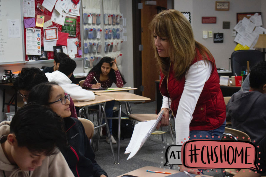 Coppell High School junior Niharika Saran receives help from AP Calculus teacher Dana Deloach during her second period class on Monday. Deloach has been teaching at CHS for 19 years. Photo by Lilly Gorman.