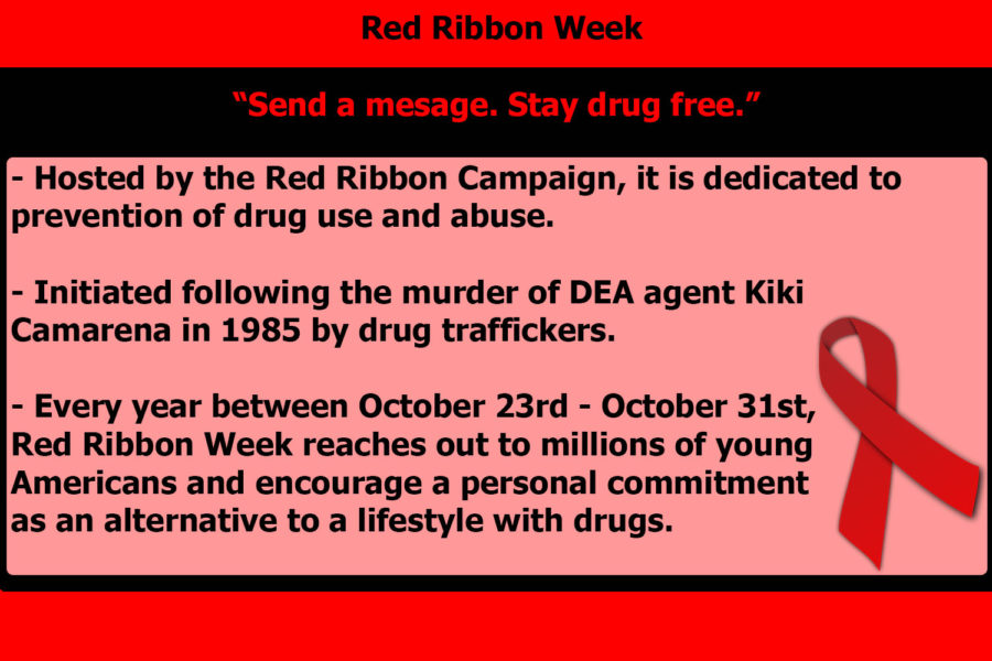 Red Ribbon Week was initiated following the murder of DEA agent Kiki Camarena by drug traffickers in Mexico City. Annually between October 23 - October 31st, millions of young Americans are encouraged to take part in a drug-free activity or commitment.