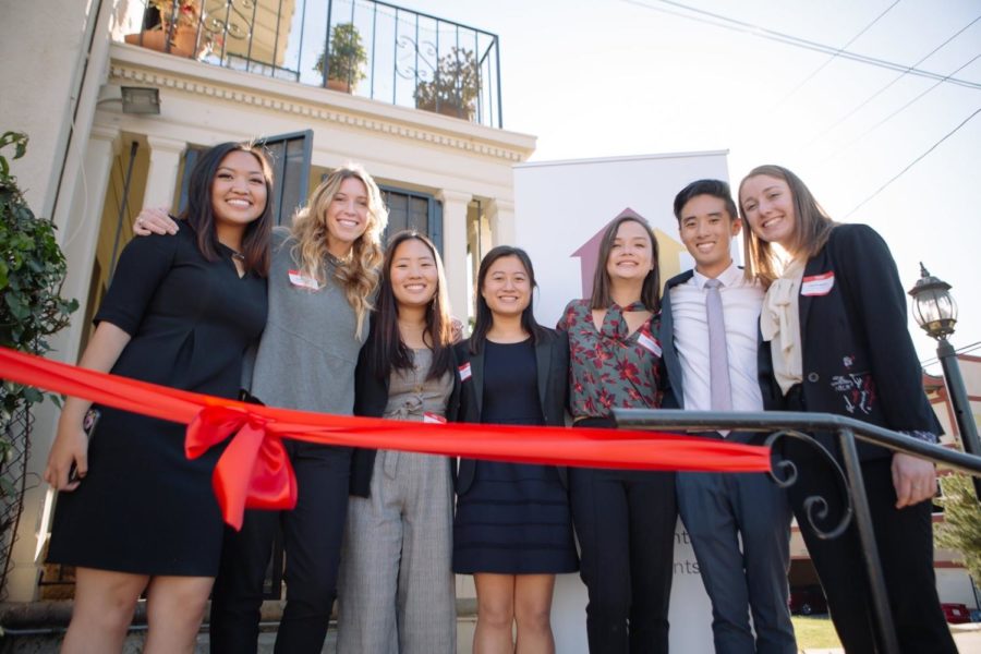 Macey Ibalio, Emma Dessau, Esther Cha of Coppell, Cathy Wang, Abigail Leung, Matthew Lee and Hannah Mulroe celebrate the opening of the Trojan Shelter on Nov. 1. The Trojan Shelter is a student run homeless shelter serving those attending the University of Southern California. 