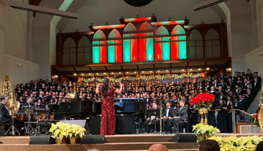 Coppell High School director of choirs Bona Coogle conducts the CHS Choir during the annual Winter Concert at the Whites Chapel United Methodist Church in Southlake on Monday. The CHS Choir was joined by Carroll High School as they come together to celebrate the beginning of the holidays. Photo courtesy Cindi Osbourne.