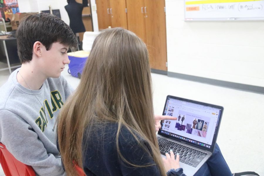 Coppell High School sophomores Will Manchester and Rylie Bonner work on theater project on Wednesday in the CHS theater room. With CHS no longer having semester exams, classes are finishing the grading period with other forms of summative assessments.