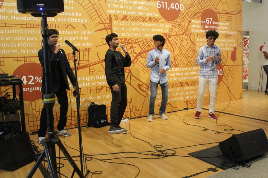 Coppell High School junior Rith Bhattacharya (center) is joined by Flower Mound High School students Abhinav Chadaga, Mathew Abraham and Shaan Jani, also known as INDIGOS, on stage for the Teen Renaissance Opening Celebration at the Dallas Museum of Art on Saturday. The annual Teen Renaissance Celebration is an all-day celebration put on by the DMA’s own Teen Advisory Council, including a range of activities from artist performances to the Teen Renaissance Artist Panel.

