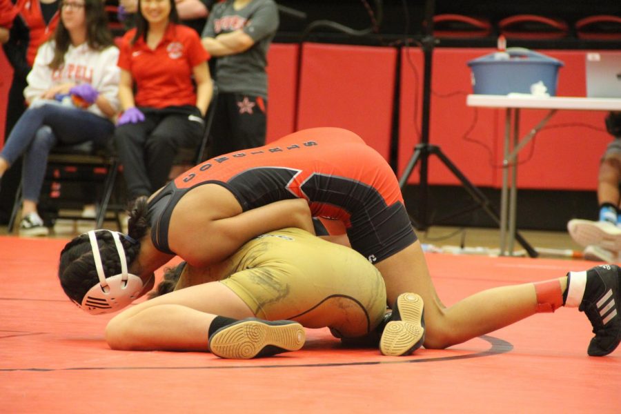 Coppell sophomore Maria Husain loses to Keller Fossil Ridge sophomore Alivia Oliver. Coppell competed against Keller Fossil Ridge yesterday in the CHS Arena.