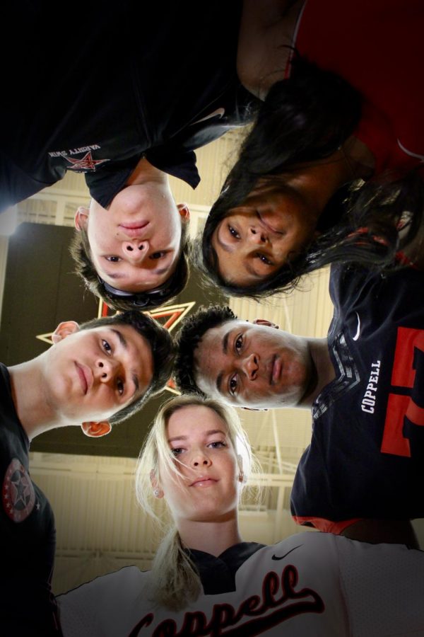 Coppell senior goalkeeper Carlos Arconada, junior swimmer Ivan Lau and seniors tennis player Aishwarya Kannan, football player Nick Quilens and softball player Olivia Reed stand in a huddle in the CHS Arena. Most sports are associated with a particular race that excels in them. 
