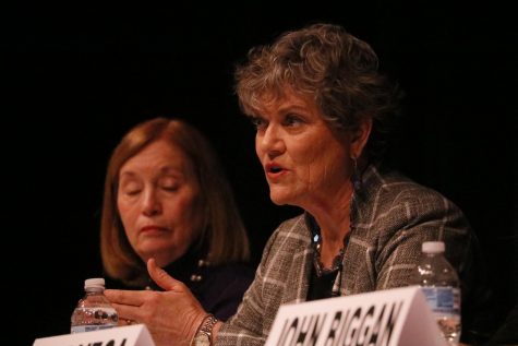 Kim Olson, a candidate for the Democratic nomination to Texas’ 24th district in the U.S. House of Representatives, references her experience as a colonel in the U.S. Air Force on Feb. 11. The Irving Arts Center hosted the TX Congressional District 24 Democratic Primary Debate where six candidates spoke their mind on pressing political issues.
