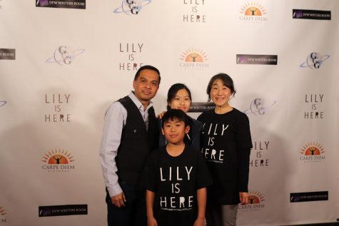 Producer Danny Aguliar, his wife Keiko Aguilar, his daughter Sidekick staff designer Kaylee Aguilar and his son Daniel Aguilar smile excitedly during the red carpet movie premiere for Lily Is Here at the Angelika Film Center at Mockingbird Station in Dallas on Monday. Lily Is Here is an indie film about opioid abuse and the relationships shared between people. 