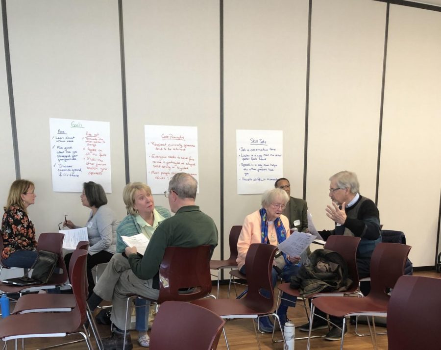 Better Angels Skills Workshop Republican attendees discussing gun control and immigration rights at the Cozby Library and Commons on Saturday. Better Angels is a national organization that promotes civil political discussions of understanding between Democrats and Republicans.