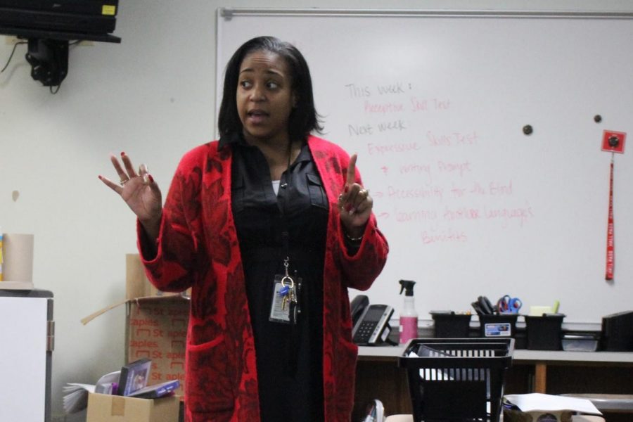 Coppell High School American Sign Language teacher Erika Trammell teaches signing phone numbers and addresses with her seventh period class on Tuesday. Trammell and the CHS ASL team are teaching classes about Black ASL and influential Deaf African American people in honor of Black History Month.