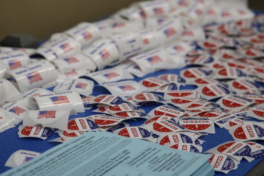 “I voted” stickers await those who cast their ballots in Coppell Town Center. Early voting for Texas primaries runs through Friday, Election Day is March 3. Photo by Ava Mora