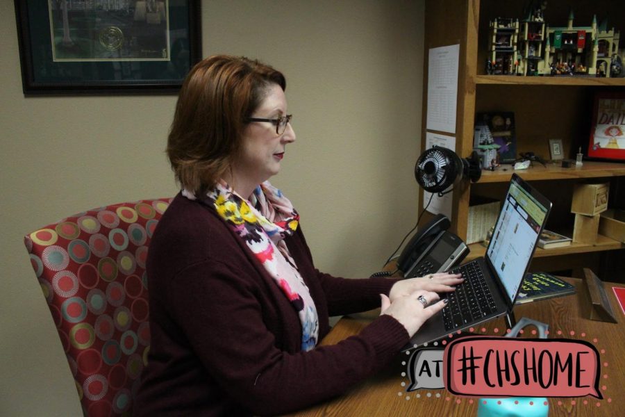 Coppell High School librarian Trisha Goins works in her office on Jan. 28. Goins enjoys getting to know students to better recommend books to avid readers at CHS. 
Photo by Camila Flores