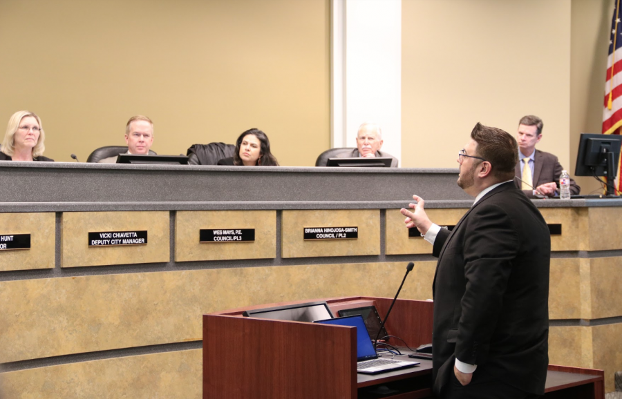 Coppell Arts Center managing director Alex Hargis presents proposal to Coppell City Council members including Vicki Chiavetta, Wes Mays, Brianna Hinojosa-Smith and Cliff Long. Hargis’s proposal asks for a change of a construction order to purchase audio and video equipment. Photo by Camden Southwick