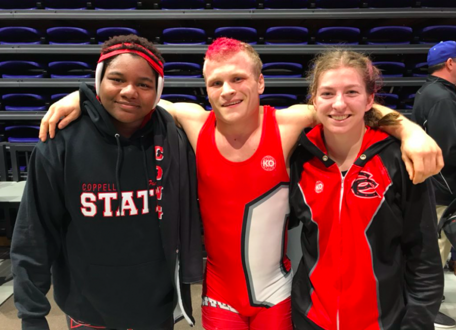 Five wresters from Coppell traveled to the Berry Center in Houston for Friday and Saturday’s UIL State Championship tournament: seniors Brooke Massaviol and Jackson Briscoe, junior Hannah Francis, sophomore Maria Husain and freshman Scout Carrell. Massaviol, Briscoe and Francis placed third, fifth and third in the 148, 170 and 215 pound weight classes. Photo courtesy Coppell Wrestling.
