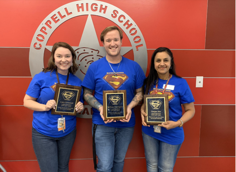 CHS9+Algebra+I+teachers+Lucy+Grimmett%2C+William+Harrington+and+Gunjan+Jain+receive+Super+Teacher+awards+from+Coppell+ISD+on+Feb.+21+for+creating+a+unique+final+project+for+their+students.+CISD+gives+out+Super+Teacher+awards+three+times+a+year+to+teachers+at+each+campus+who+are+doing+something+innovative+for+their+students.+