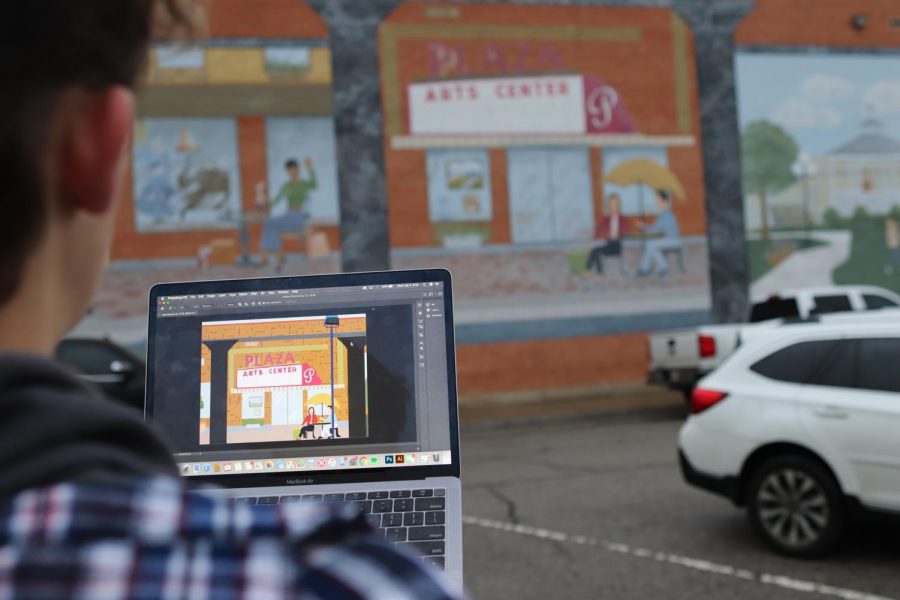 Digital design programs such as Adobe Photoshop can be used to recreate physical pieces of art, including this mural in Downtown Carrollton depicting the Plaza Arts Center. Digital art has become a more popular medium in the art world throughout the last few decades, creating a new platform for artists. 