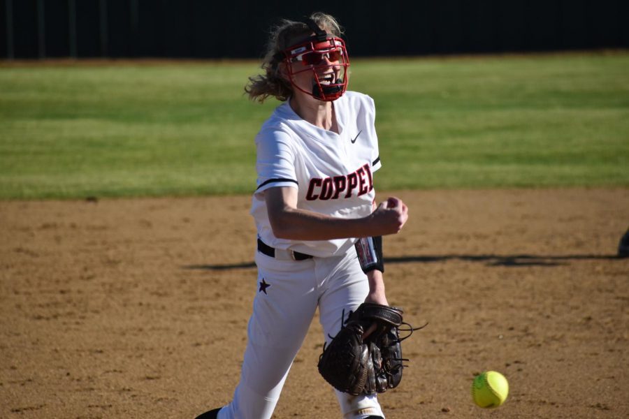 Coppell sophomore pitcher Katherine Miller pitches against Cedar Hill on March 7 at the Coppell ISD Softball Complex. The Cowgirls defeated Cedar Hill, 7-5, in their last game of the Coppell & Marcus Tournament. 
