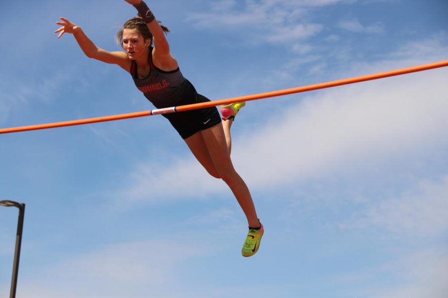 Coppell sophomore Sky Schuller releases at the Coppell Relays at Buddy Echols Field on Feb. 29. Schuller broke the Coppell pole vaulting record with 13 feet at the Coppell Relays, the 100-meter hurdles record with 14.56 seconds at the Coppell Relays and again with 14.10 seconds at The Colony Invitational on March 5 and tied the high jump record with 5 feet 6 inches at both the Flower Mound Relays on Feb. 22 and The Colony Invitational on March 5. Photo by Tracy Tran