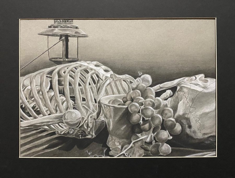 “Fruit of the Dead” is a charcoal still-life of a skeleton, bowl of fruit and dimmed lantern. This piece is currently displayed at the Young American Art exhibition at El Centro College in Downtown Dallas. 