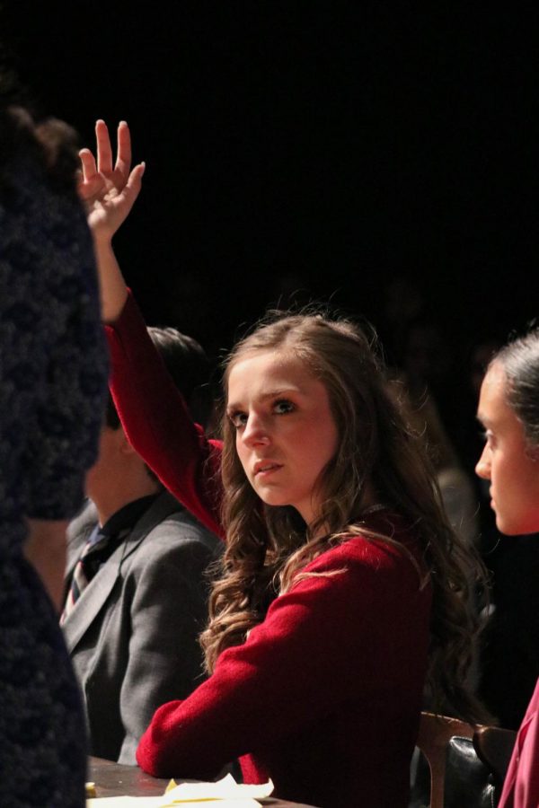 Coppell High School sophomore Rylie Bonner plays Juror 3 in the CHS student-directed play “12 Angry Jurors” on Feb. 21 in the CHS Black Box. The CHS theater department is making changes to the next play, “The Theory of Relativity,” to make it a virtual one. Photo by Camila Flores.