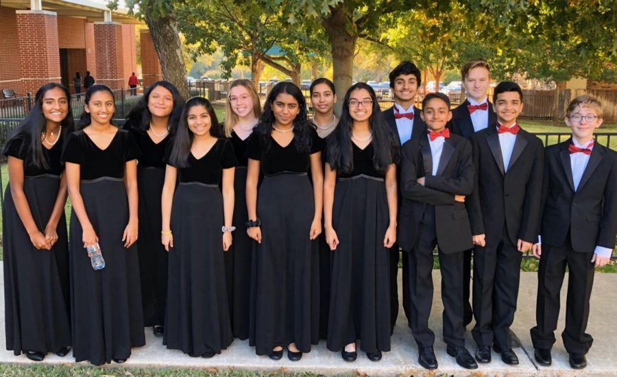 Freshman+Sumita+Bhattacharyya+%28third+from+the+left%29+stands+with+the+9%2F10+Honor+Choir+in+November.+Bhattacharyya+sings+on+Kantorei+choir+at+Coppell+High+School+and+has+an+Instagram+account+dedicated+to+music+%28%40justsumsinging%29.+Photo+courtesy+Sumita+Bhattacharyya