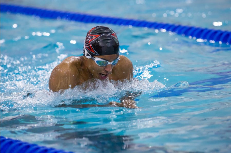 Coppell+senior+swimmer+Ritesh+Dontula+swims+breaststroke+at+the+Ranger+Relays+on+Sept.+28+at+the+SMU+Robson+%26+Lindsey+Aquatic+Center.+Dontula+was+named+the+February+NBC+DFW+Wingstop+High+School+Scholar+Athlete.+
