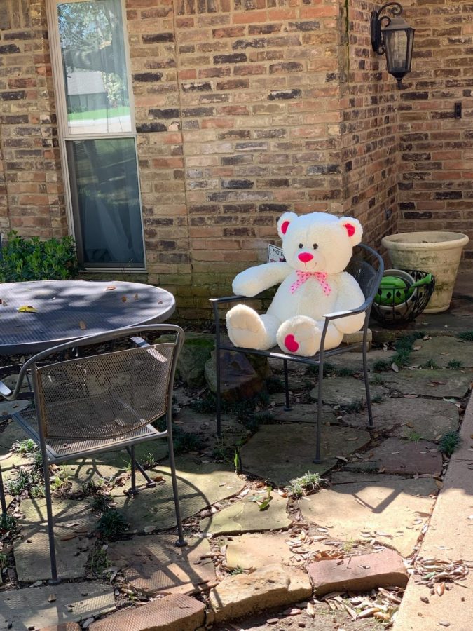 Coppell+resident+Karen+Williams+puts+a+bear+near+the+front+door+for+the+community+Bear+Hunt.+The+challenge+brings+positivity+to+Coppell+residents+during+the+spread+of+the+COVID-19+virus.