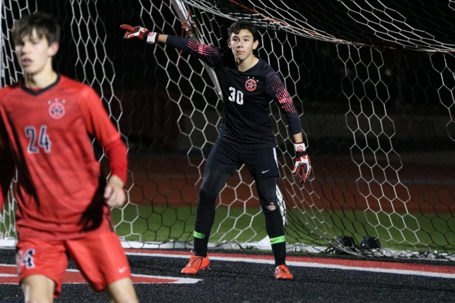 Coppell+sophomore+goalkeeper+Arath+Valdez+checks+his+teammates+during+the+match+against+Lewisville+on+Jan.+3+at+Buddy+Echols+Field.+Valdez+is+the+starting+goalkeeper+for+the+Coppell+boys+soccer+team%2C+having+beat+out+two+seniors+for+the+spot.+