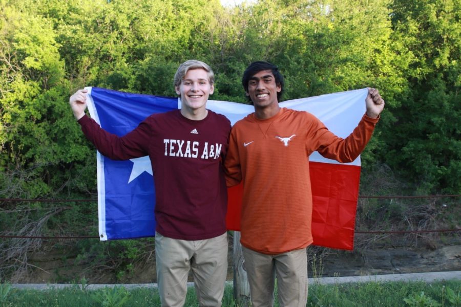 On March 26 at Grapevine Springs Park, Coppell High School senior Leo Swaldi, who is attending A&M this fall, takes a photo with CHS senior Rushil Nakkana, who is attending UT Austin. With the rise in competitiveness of acceptances, CHS students’ have increased flexibility in which of the two colleges they apply to and are less bound by family traditions. 