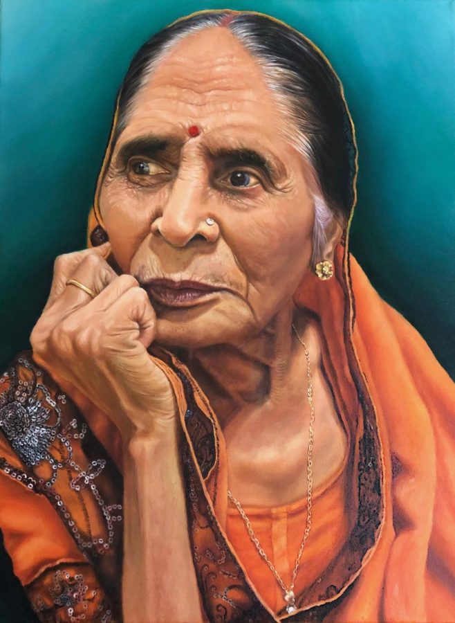 Coppell High School junior Ishita Sisodia illustrates her self-conscious Indian grandmother in an oil painting. Sisodia’s artwork is one of four from Coppell ISD that received a gold seal honor at the state VASE competition.