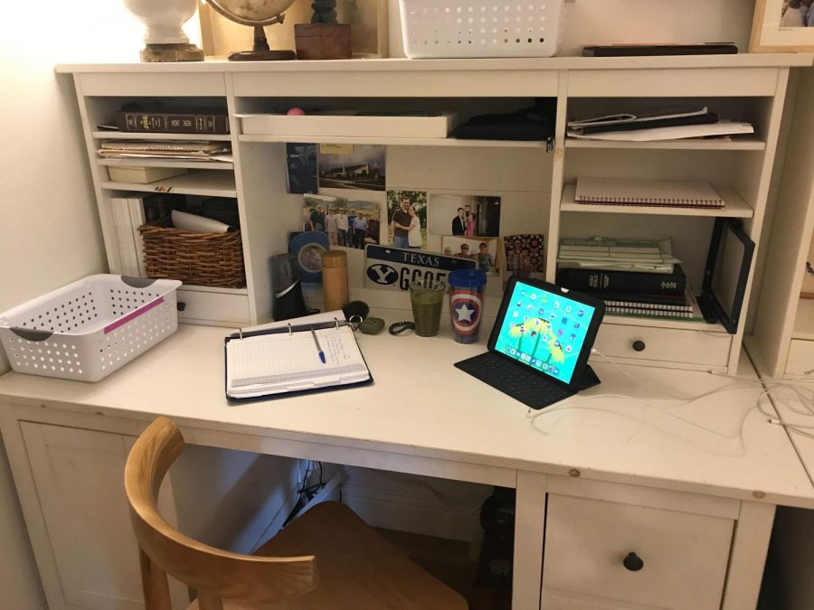 The Sidekick social media manager Blanche Harris keeps her at-home workspace organized for the first day of online school on Monday. Due to COVID-19, Coppell High School students are learning remotely from home until Sept. 8, following Dallas County’s public health order. 