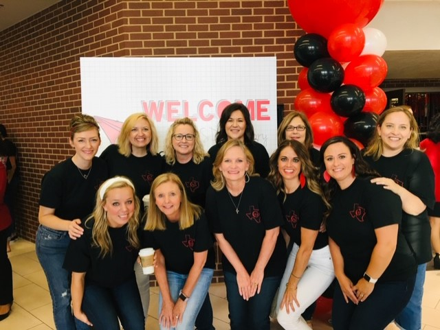 Lindsey Oh (fourth from top left) meets with the Coppell ISD elementary counselors at Coppell High School during convocation in Aug. 2019. Oh joins the CHS counseling staff this school year after working as a counselor at Lakeside Elementary School. Photo courtesy Lindsey Oh