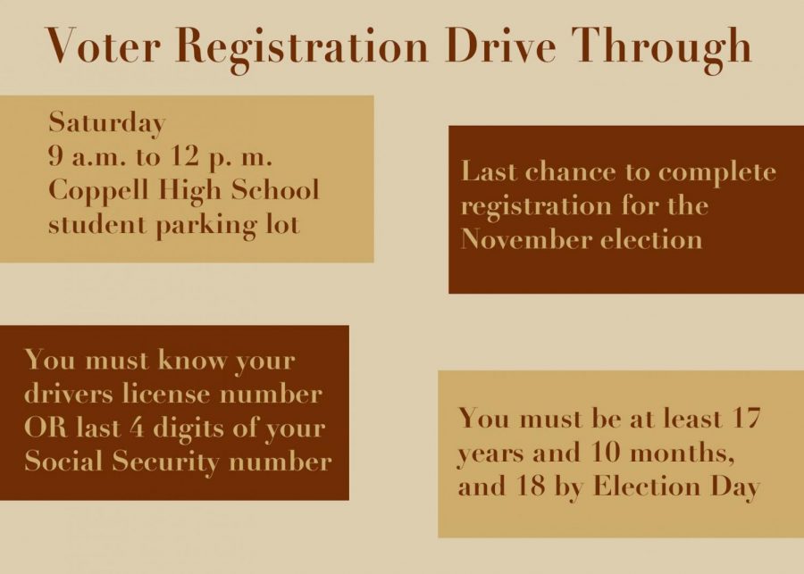 The Voter Registration Drive is Saturday at Coppell High School. The district is providing an opportunity to register to vote for the upcoming election in November. Graphic by Blanche Harris.