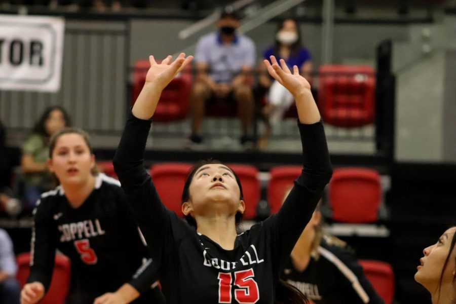 Coppell+senior+setter+Mari+Taira+sets+against+Hebron+at+the+CHS+Arena+last+night.+Coppell+swept+Hebron%2C+25-21%2C+25-20%2C+25-16%2C+to+bring+its+district+record+to+2-2.